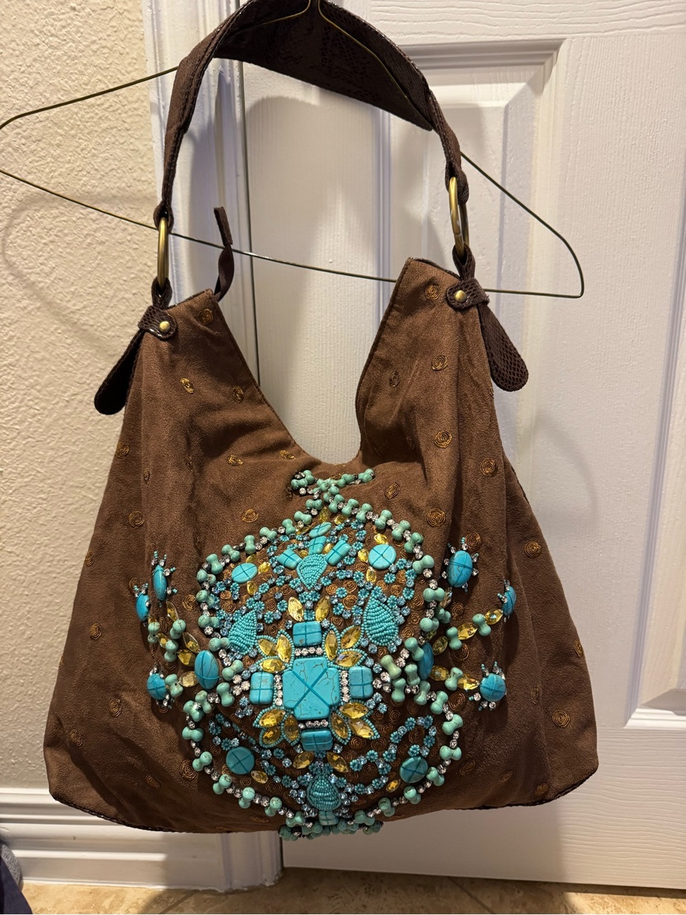 Brown Hobo Bag with Turquoise Beaded Embellishment